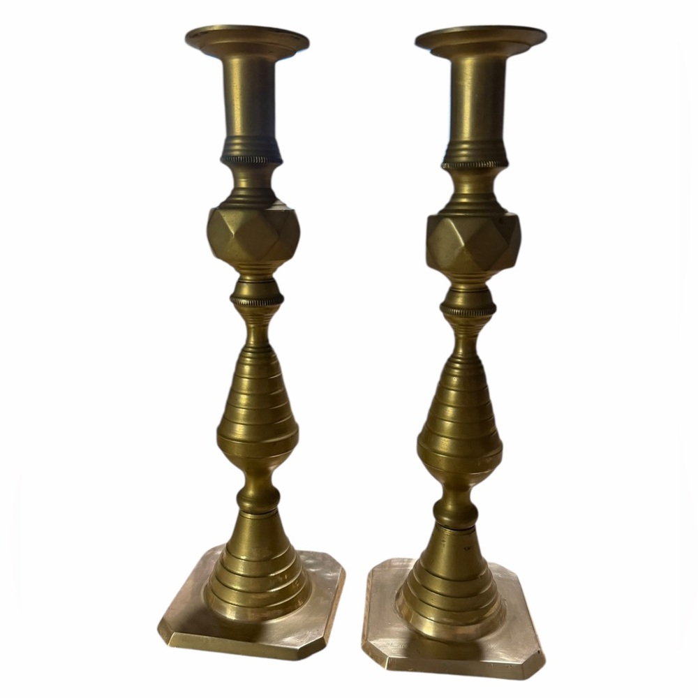 Diamond Beehive Brass Candlestick Pair